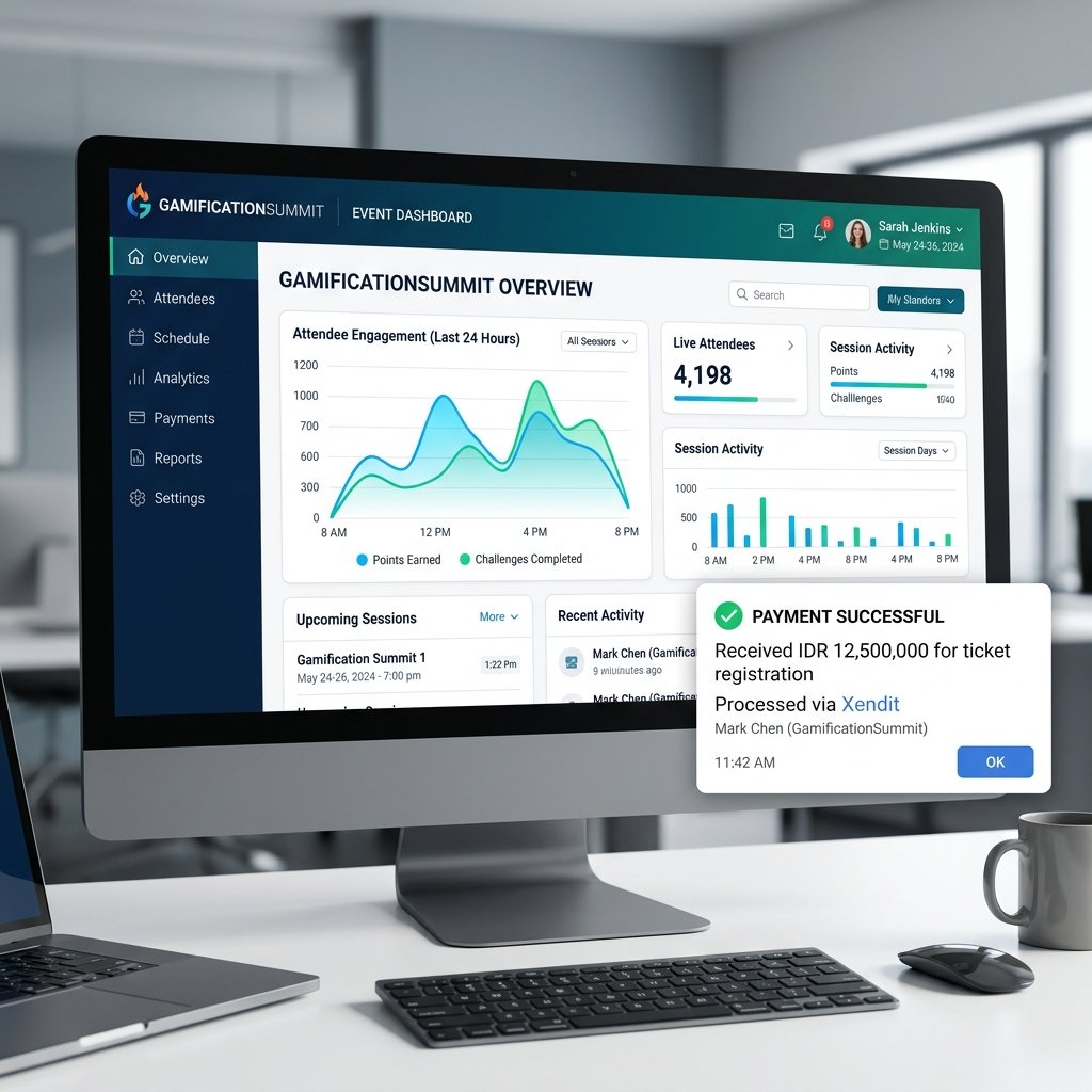 GamificationSummit Xendit Dashboard showing engagement analytics and payment success