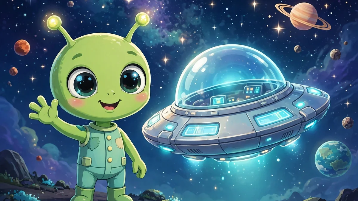 Cute friendly green alien waving beside a glowing flying saucer under a starry night sky — alien puns illustration