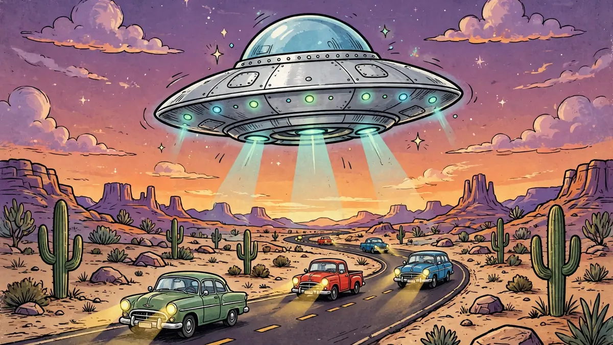 Classic silver UFO hovering over a desert highway at dusk with headlights — classic alien puns illustration