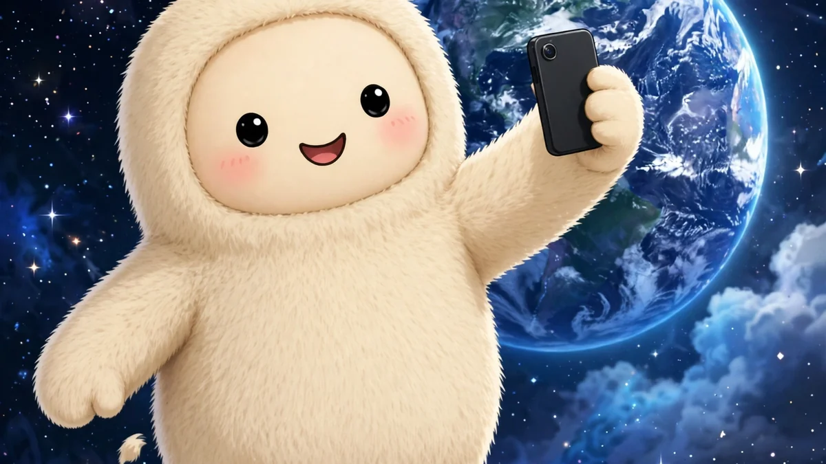 Cute alien taking a selfie with planet Earth glowing behind it in space — alien captions illustration