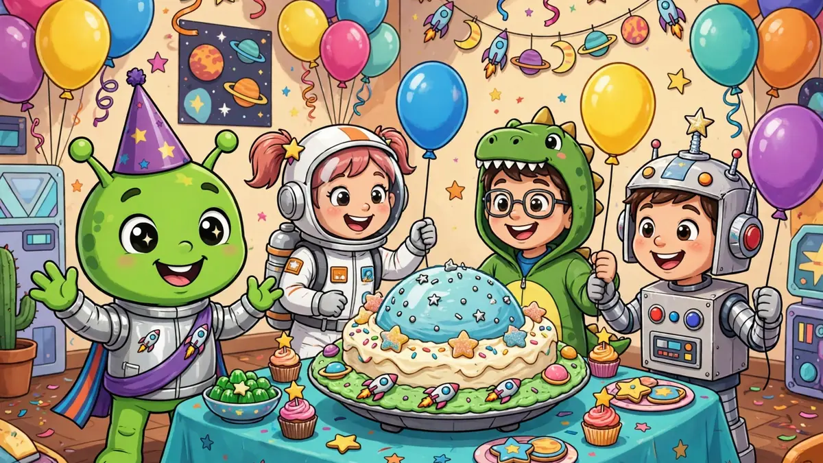 Kid-friendly cartoon Martian at a sci-fi costume party with balloons and a flying saucer cake — alien jokes for kids illustration
