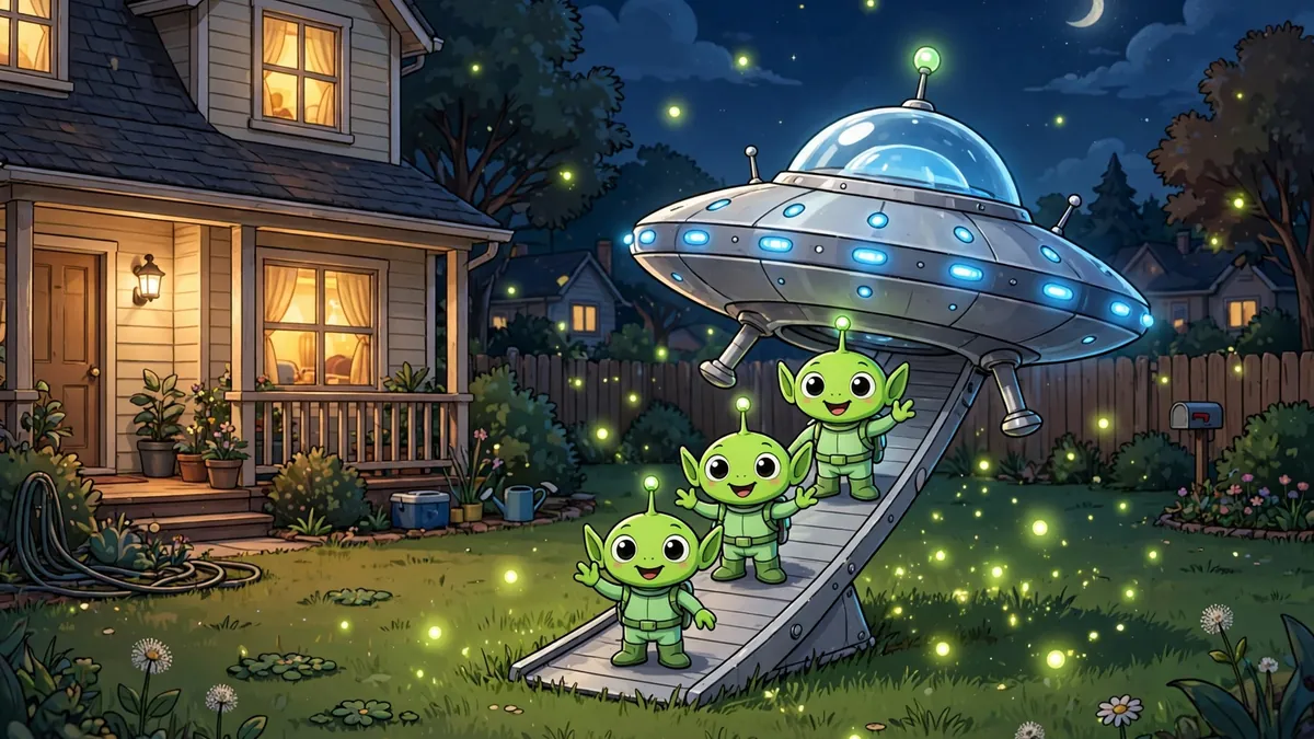 Cartoon flying saucer landing in a backyard at night with friendly aliens waving — knock-knock alien jokes illustration