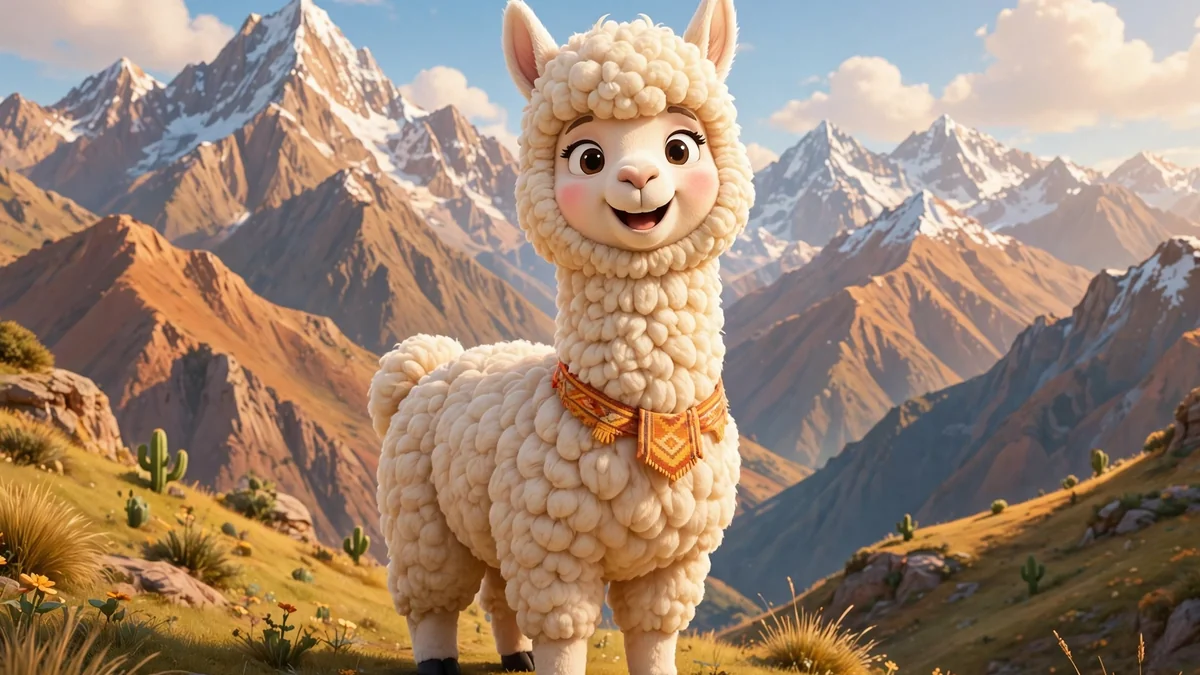 Smiling cartoon alpaca with fluffy fleece in front of Andes mountains — alpaca puns illustration
