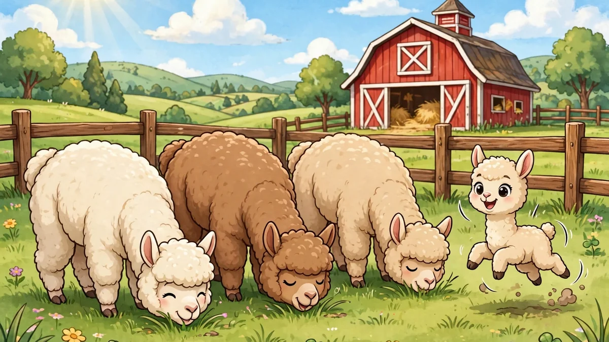 Playful cartoon alpacas grazing in a green pasture with a bouncing cria — classic alpaca jokes illustration