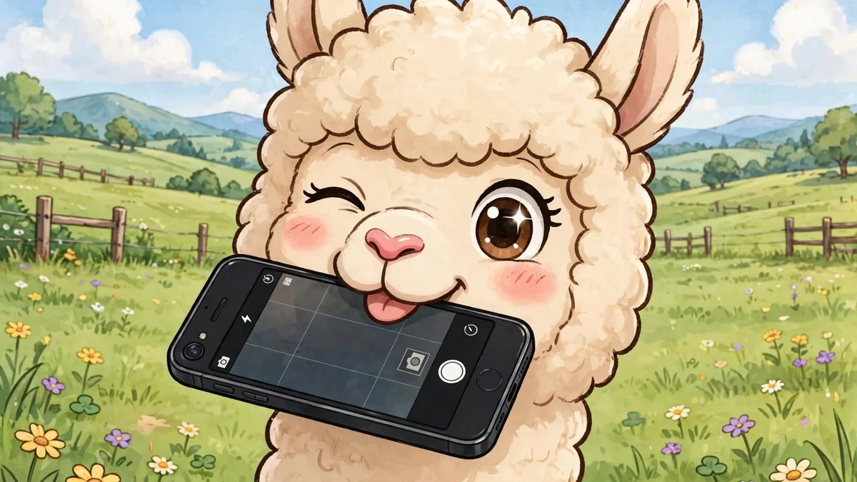 Cartoon alpaca taking a selfie with a smartphone — alpaca puns captions illustration