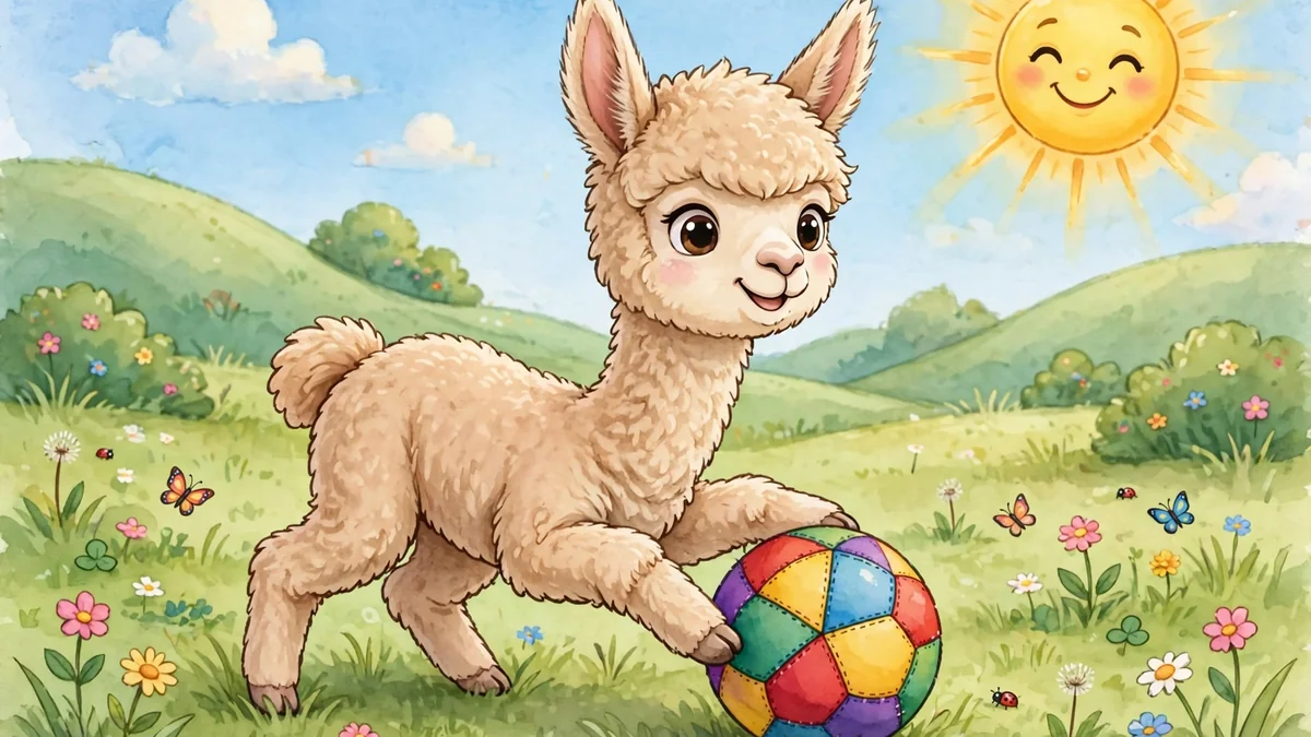 Adorable cartoon baby alpaca playing with a colorful ball — funny jokes for kids illustration