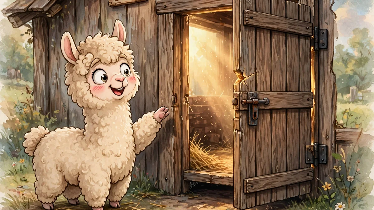 Cartoon alpaca knocking on a wooden barn door — knock-knock alpaca jokes illustration