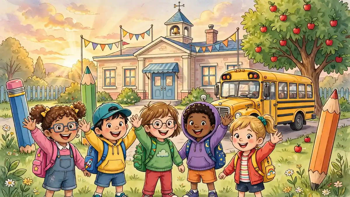 Cheerful cartoon school children with new backpacks waving in front of a school building and yellow bus on the first day — back to school puns illustration