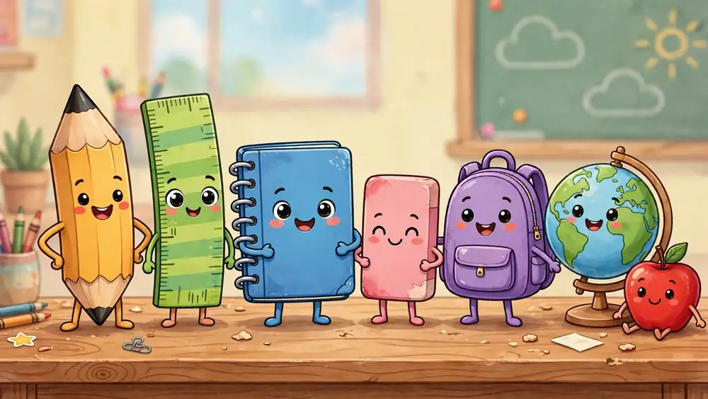 Cartoon pencil, ruler, notebook and backpack characters on a classroom desk — classic back to school puns illustration