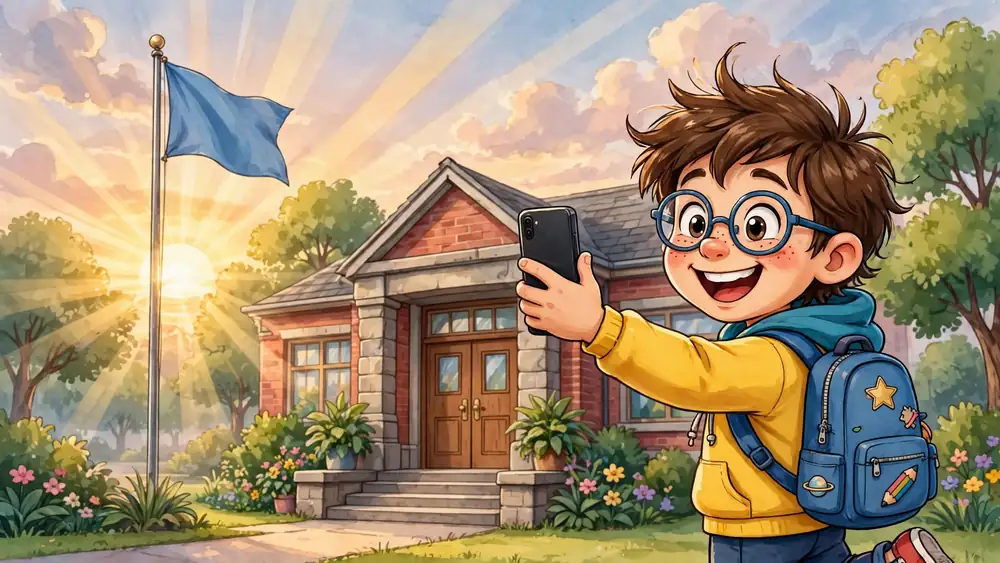 Cartoon student taking a first-day selfie in front of a school entrance — back to school captions illustration