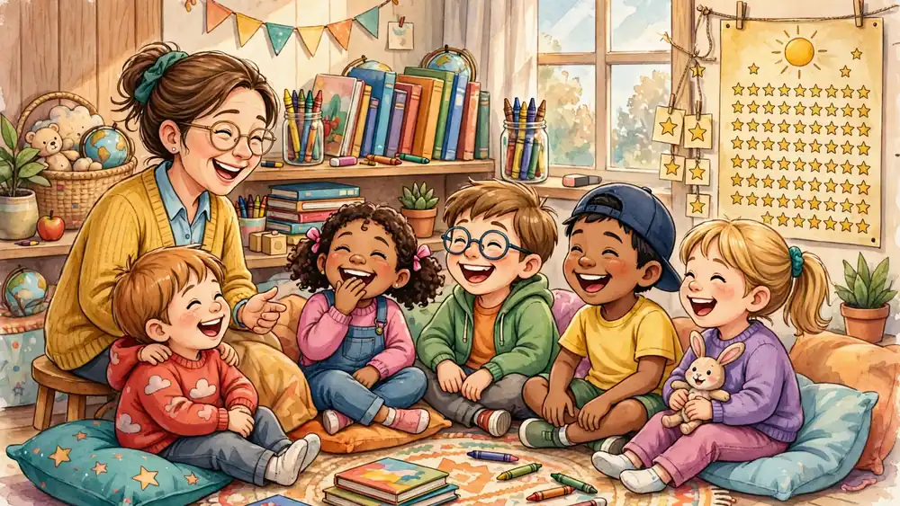 Cartoon teacher sharing jokes with school children in a classroom reading corner — back to school jokes for kids illustration