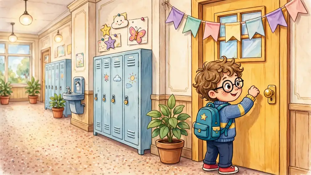 Cartoon student with a backpack knocking at a classroom door — knock-knock back to school jokes illustration
