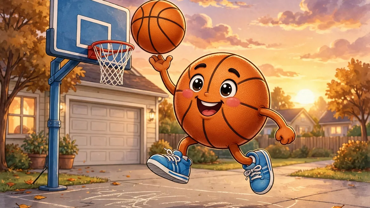 Playful cartoon basketball wearing sneakers on a driveway — classic basketball jokes illustration