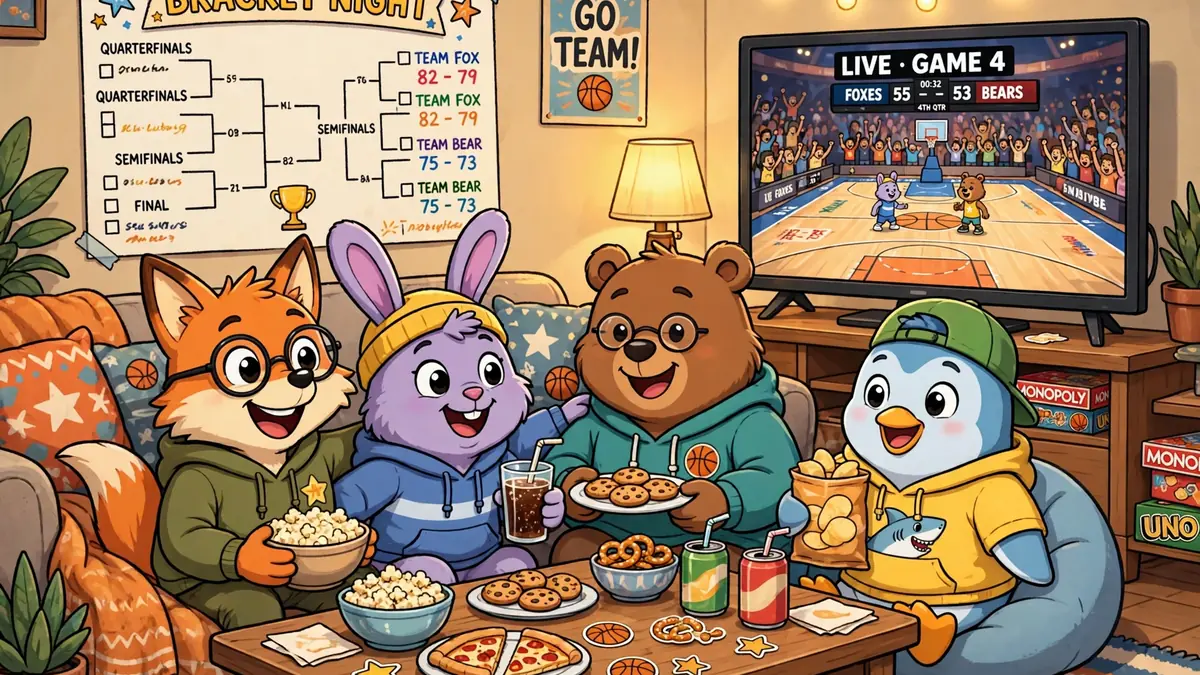 Cheerful cartoon friends watching basketball bracket night with snacks — basketball captions illustration