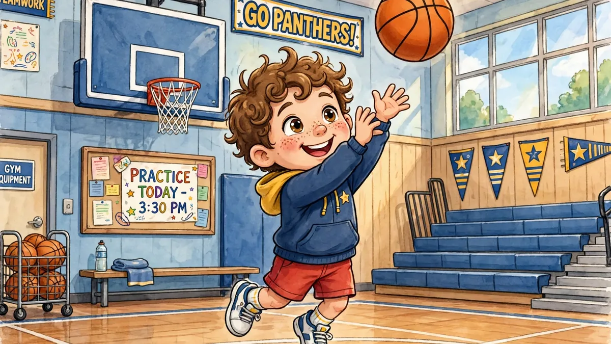 Adorable cartoon kid shooting a basketball at a school gym — funny jokes for kids illustration