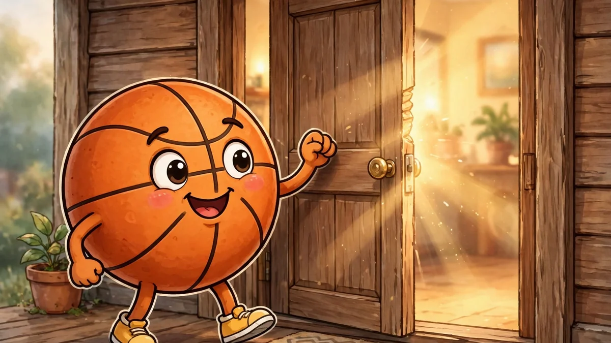 Funny cartoon basketball knocking on a wooden door — knock-knock basketball jokes illustration
