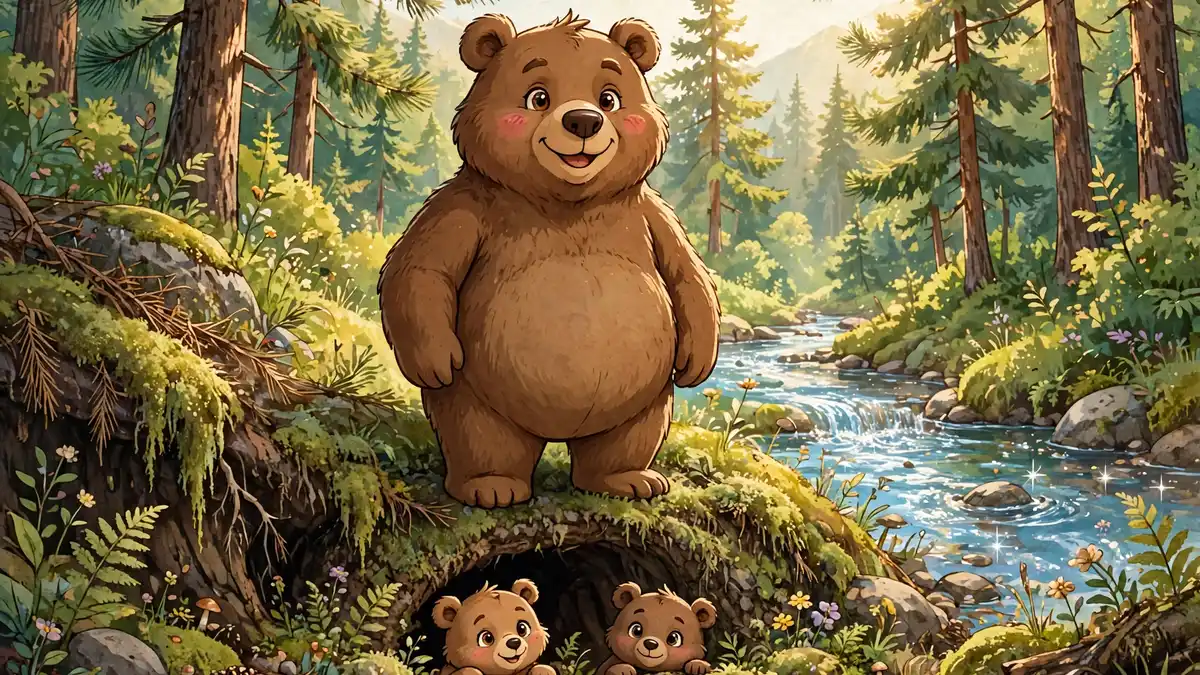 Cheerful cartoon bear character standing at a sunny forest den — bear puns illustration