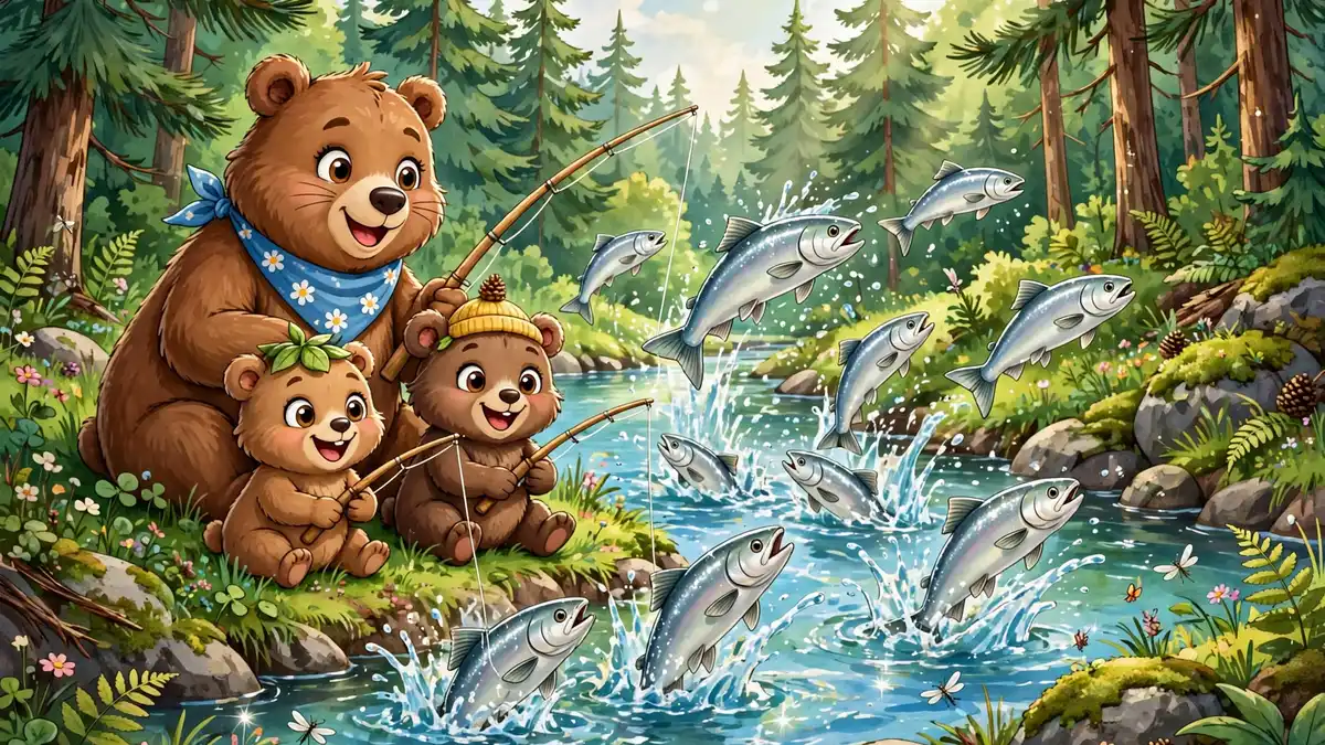 Cartoon bear with cubs fishing at a salmon stream — classic bear puns illustration
