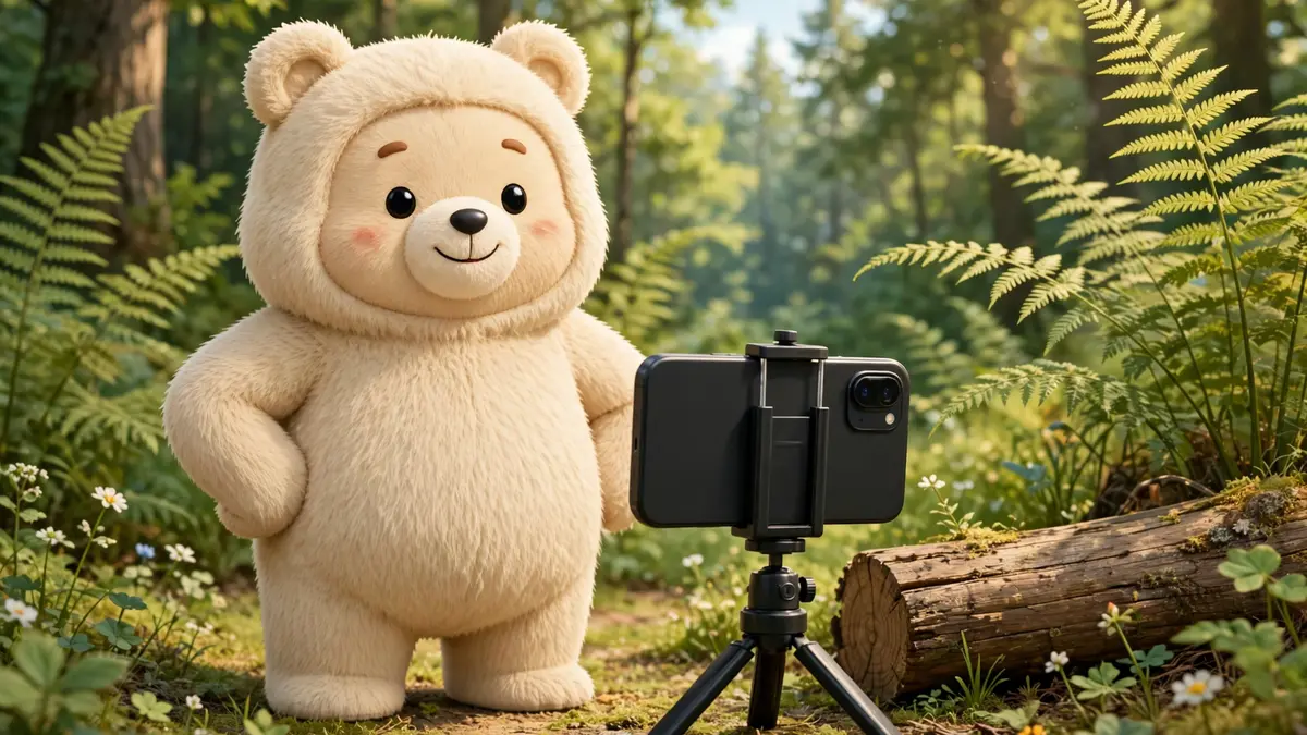 Cartoon bear posing for a smartphone photo at a forest clearing — bear captions illustration
