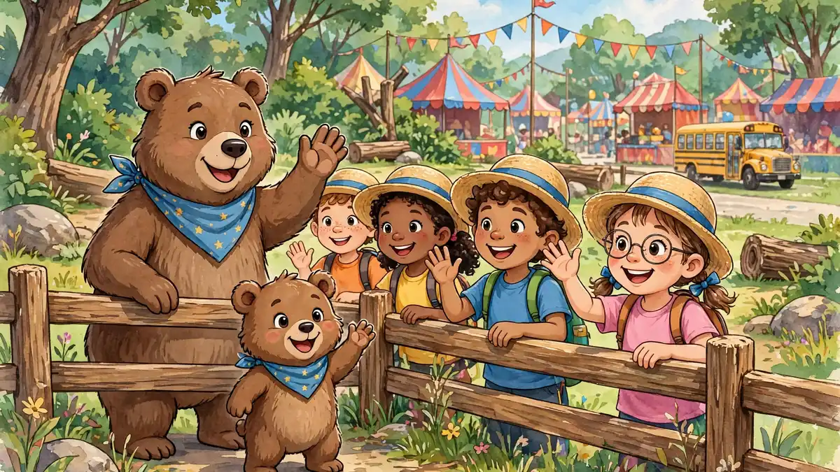 Cartoon bear greeting happy school children on a zoo visit — bear jokes for kids illustration