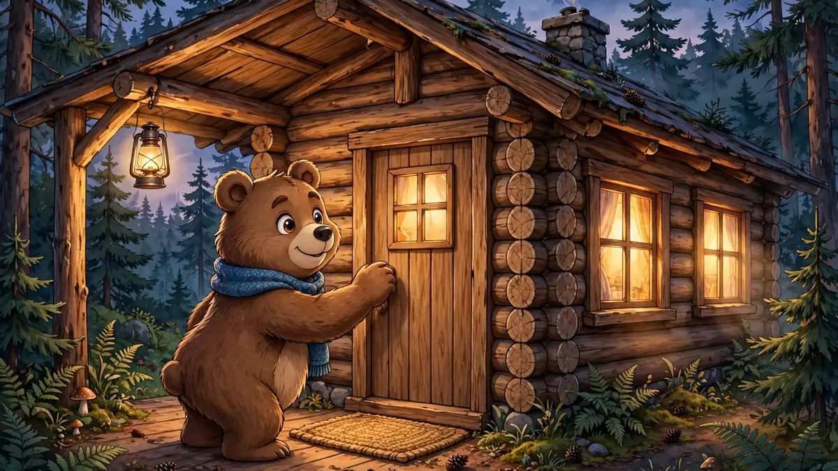 Cartoon bear knocking at a cozy log cabin door at dusk — knock-knock bear jokes illustration