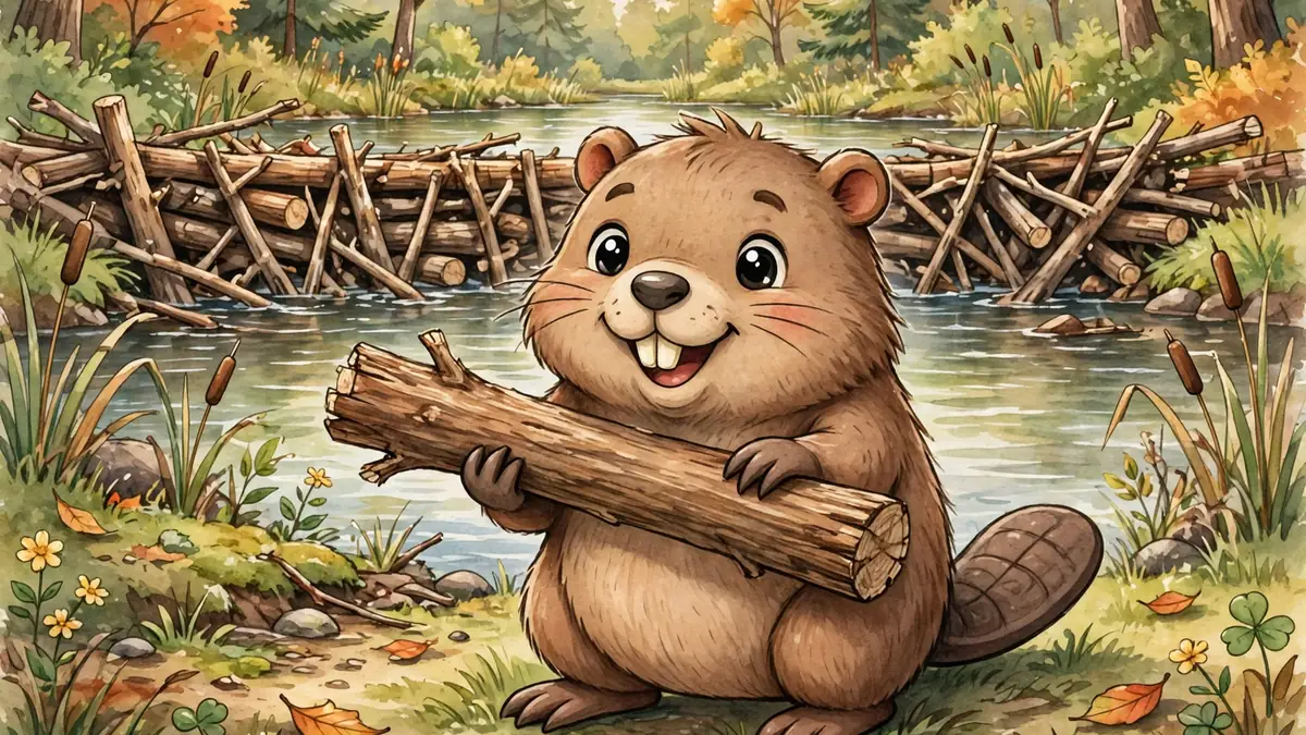 Cute cartoon beaver holding a wooden log with a dam in the background, warm woodland style — beaver puns illustration