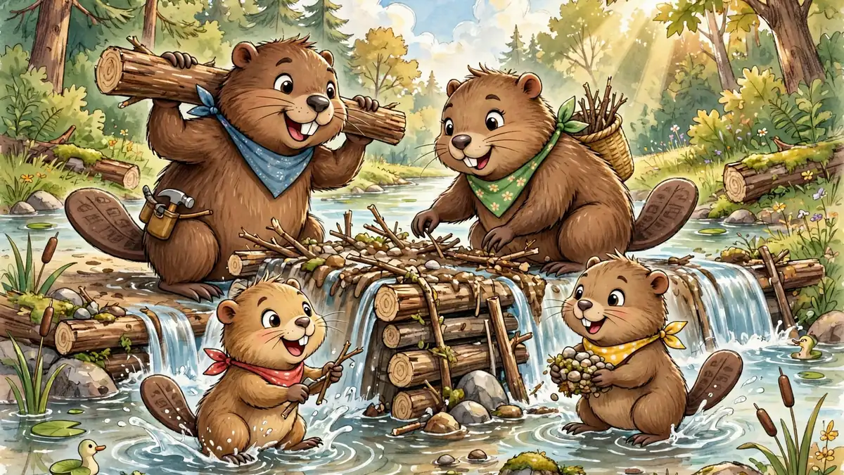 Playful cartoon beaver family building a dam together in a river — classic beaver jokes illustration
