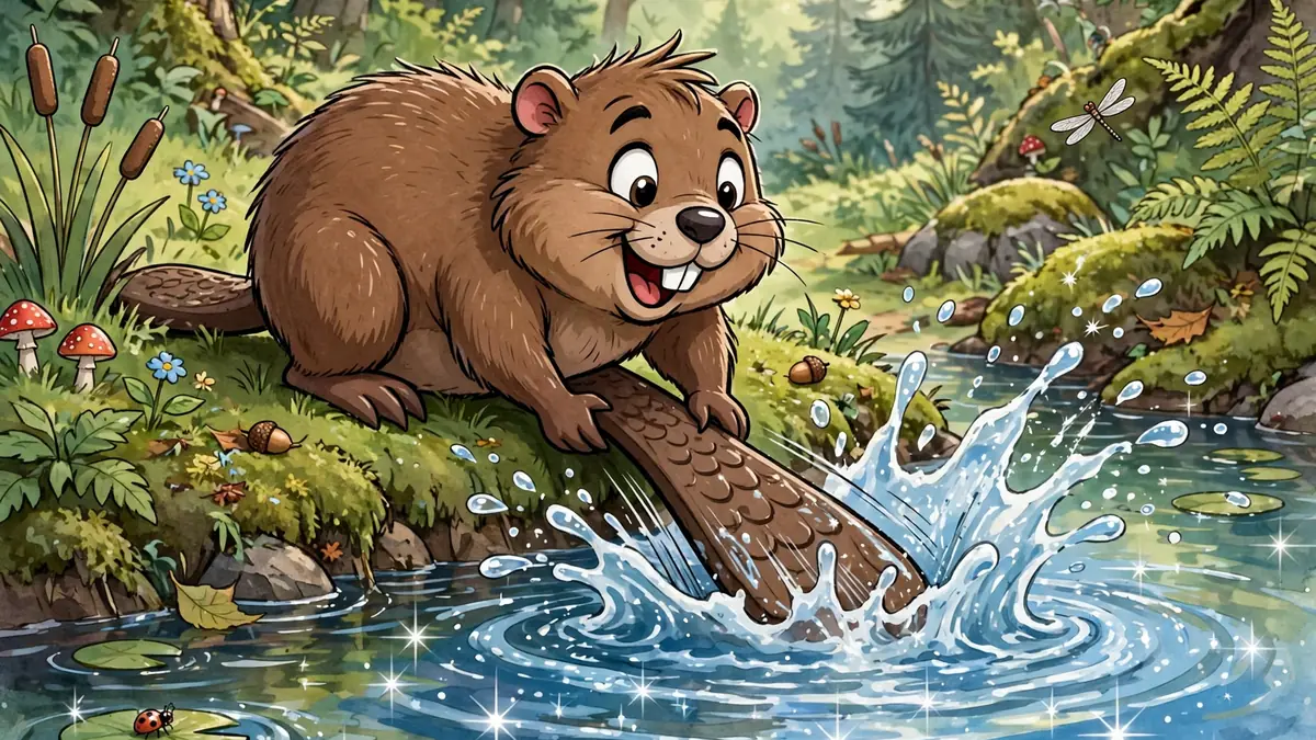 Funny cartoon beaver slapping its flat tail on the water surface — beaver captions illustration