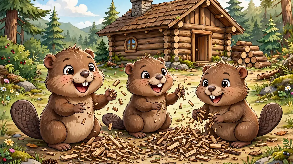 Happy cartoon baby beaver kits playing with wood chips — funny jokes for kids illustration