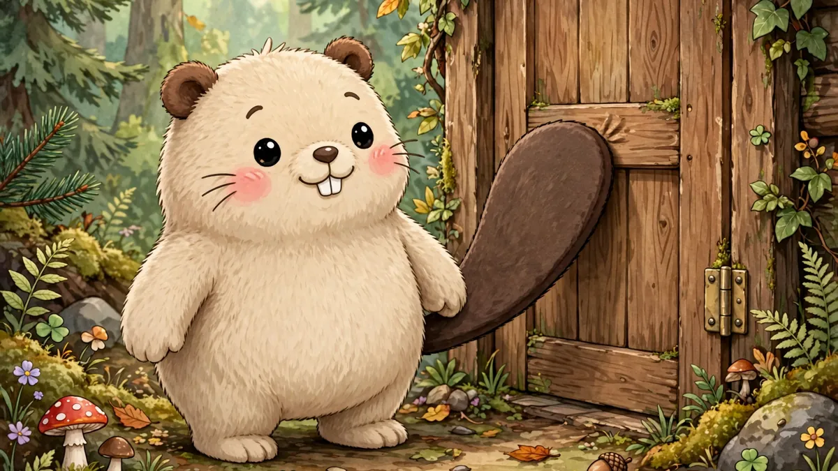 Cartoon beaver knocking on a wooden door with its tail — knock-knock beaver jokes illustration