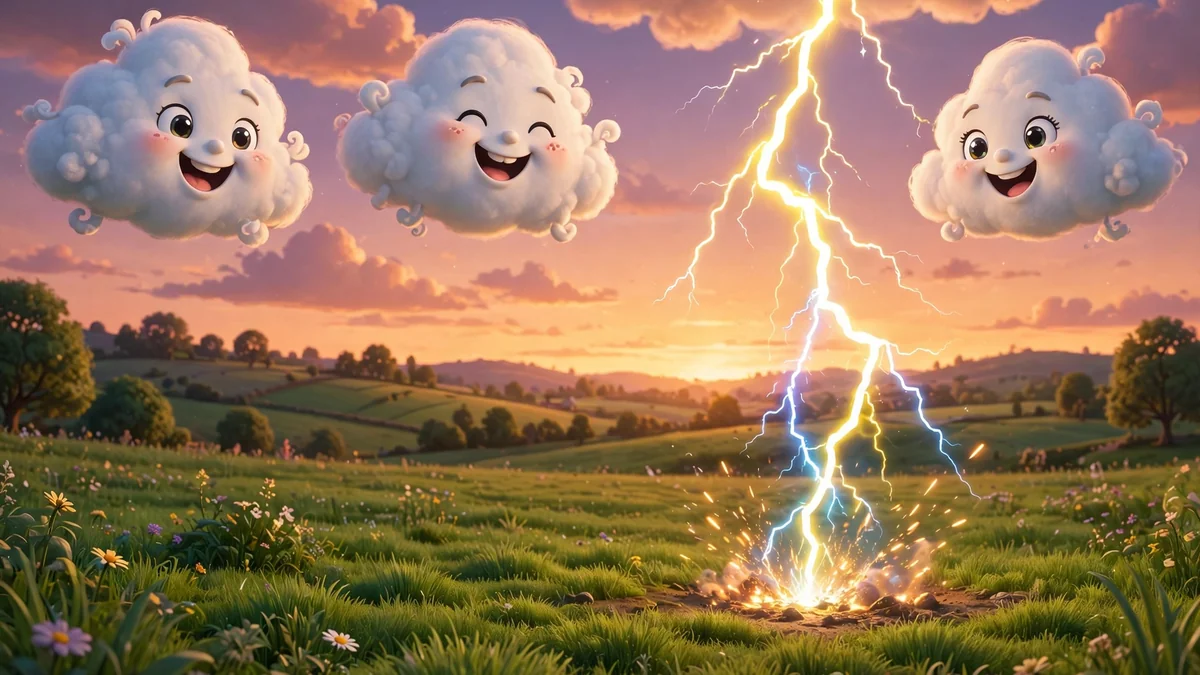 Smiling cartoon lightning bolt striking near a field at dusk — bolt puns illustration