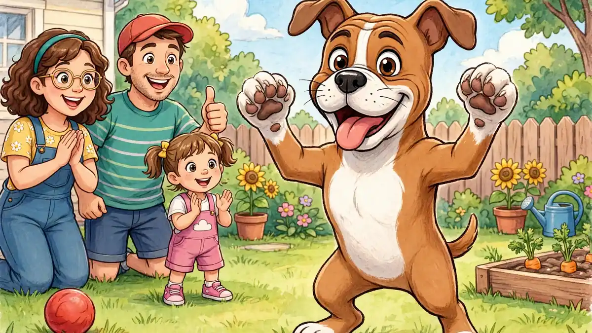 Cheerful cartoon boxer dog in a playful boxing pose in a sunny backyard — boxer dog puns illustration