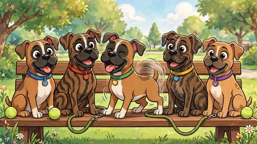 Cartoon fawn and brindle boxer dogs lined up on a park bench — classic boxer dog puns illustration