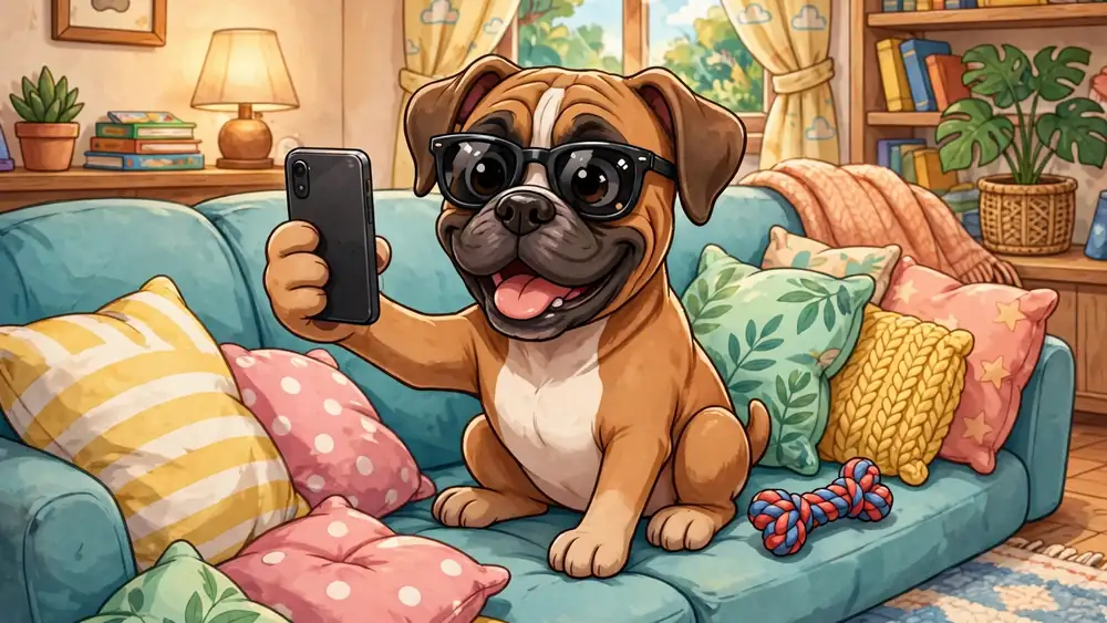 Cartoon boxer dog in sunglasses taking a selfie on a sofa — boxer dog captions illustration