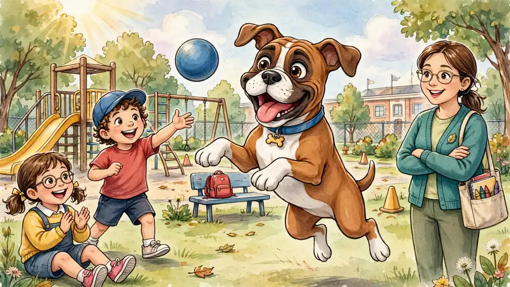 Cartoon boxer dog playing with school children on a playground — boxer dog jokes for kids illustration