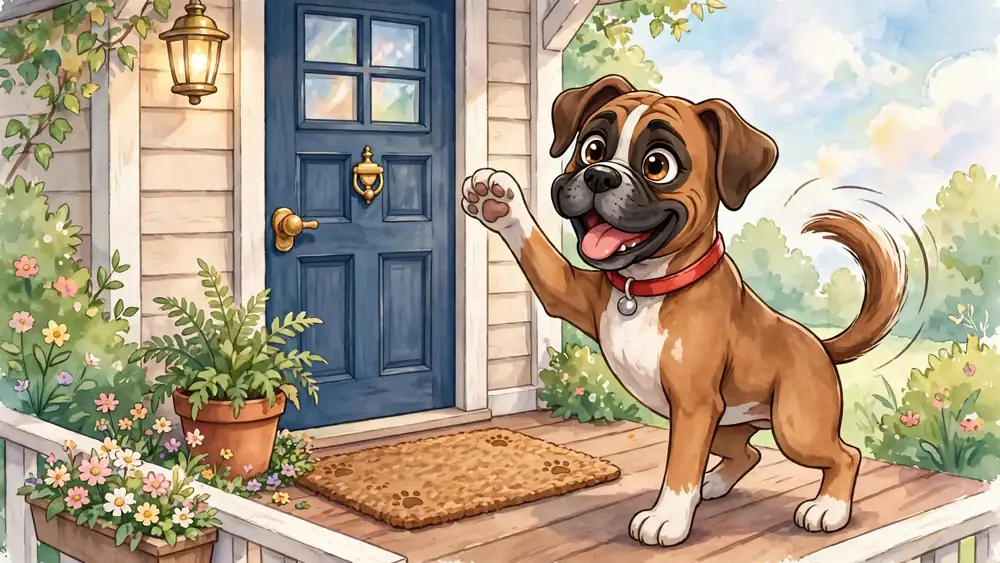 Cartoon boxer dog with a raised paw knocking at a front door — knock-knock boxer dog jokes illustration