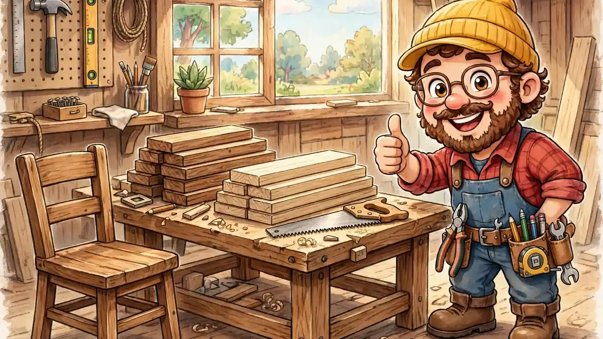 Cheerful cartoon carpenter with a tool belt beside a workbench and wood planks in a sunny workshop — carpentry puns illustration