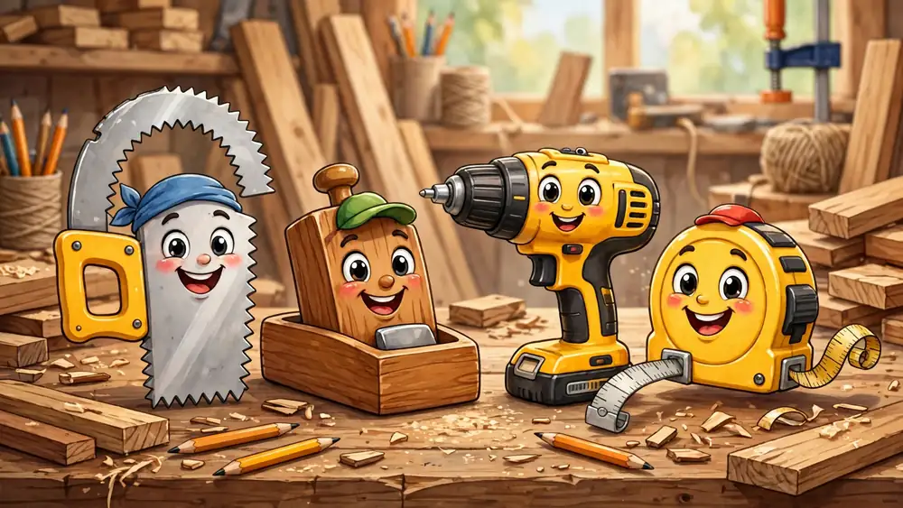 Cartoon saw, plane, drill and tape measure characters on a workbench — classic carpentry puns illustration