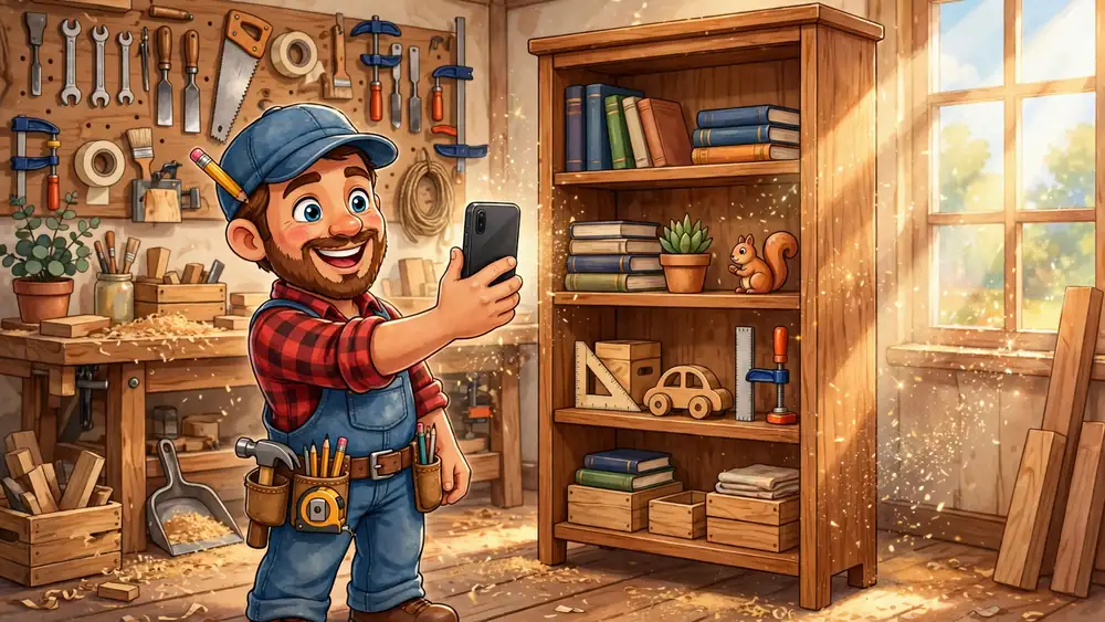 Cartoon carpenter taking a selfie in front of a finished bookshelf — carpentry captions illustration
