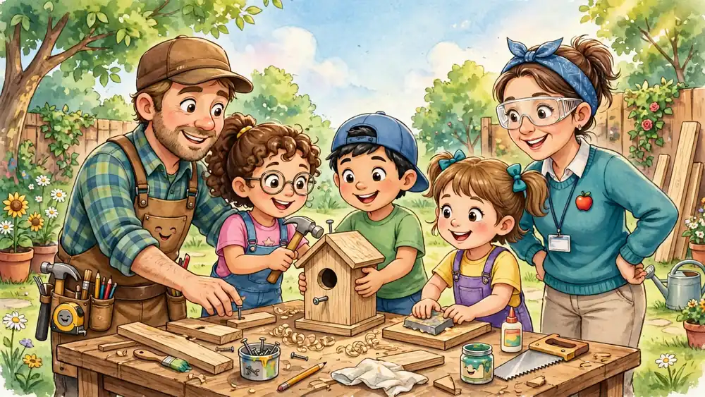 Cartoon carpenter helping school children build a birdhouse — carpentry jokes for kids illustration