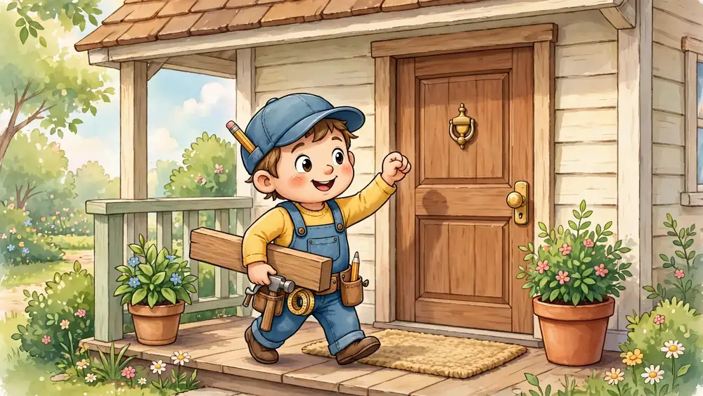 Cartoon carpenter with a plank knocking at a front door — knock-knock carpentry jokes illustration