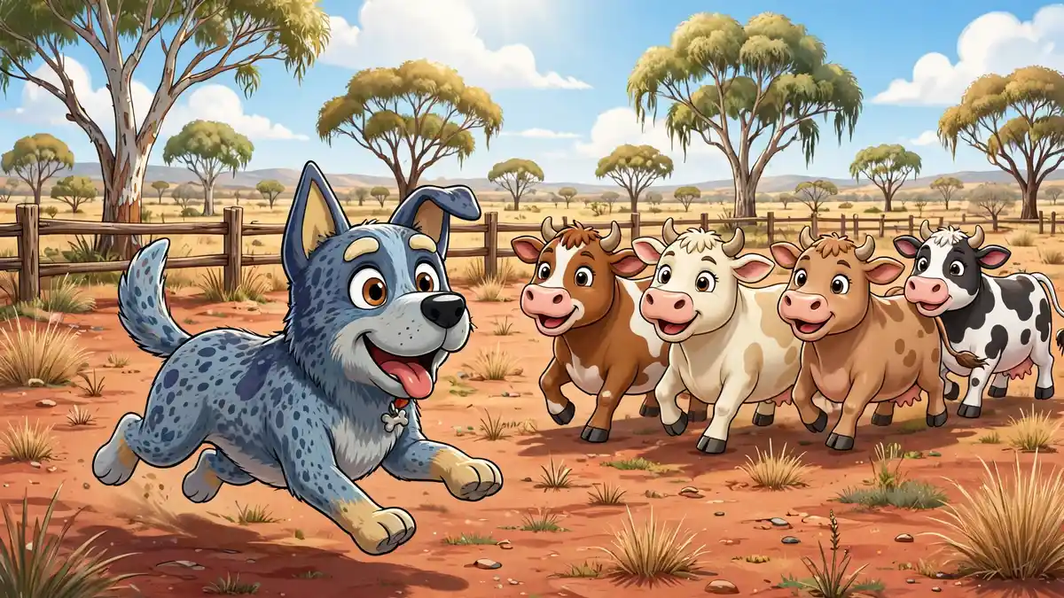 Cheerful cartoon blue heeler herding smiling cattle in a sunny outback pasture — cattle dog puns illustration