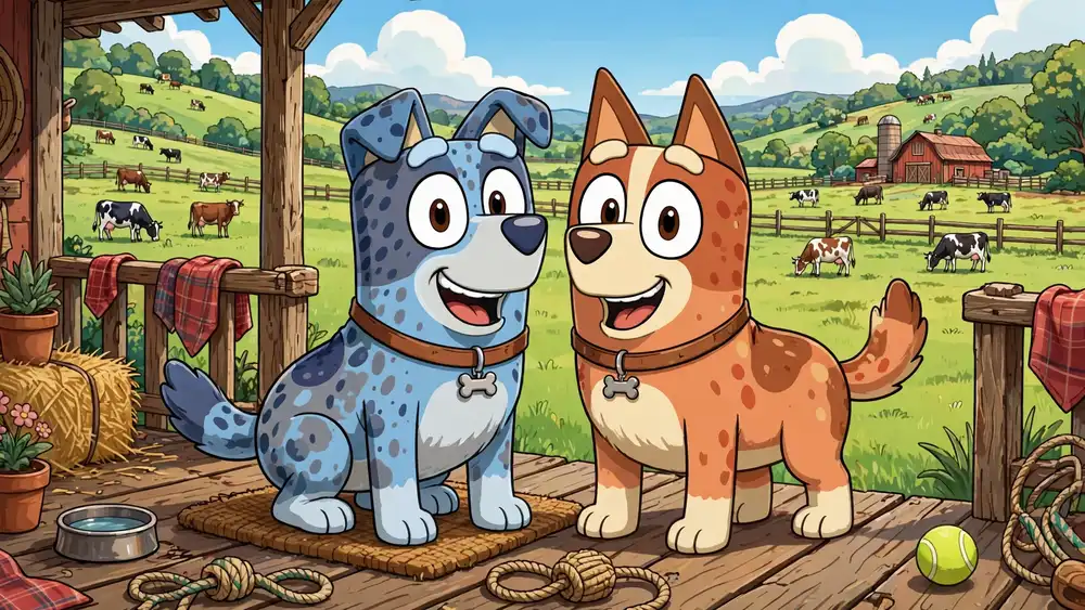 Cartoon blue heeler and red heeler standing side by side in a pasture — classic cattle dog puns illustration