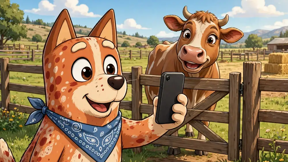 Cartoon red heeler taking a selfie by a ranch gate with cattle behind — cattle dog captions illustration