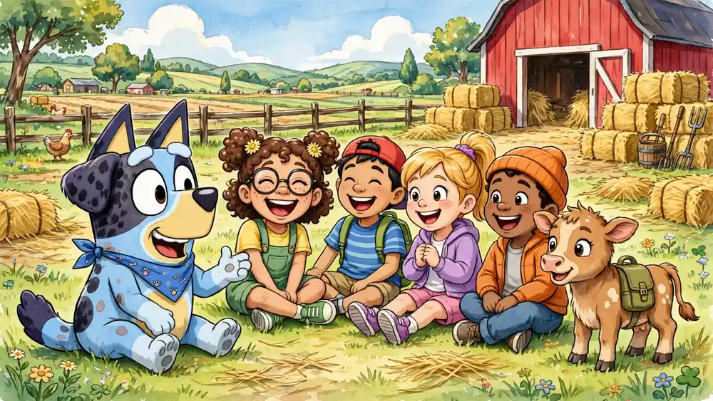 Cartoon blue heeler puppy sharing jokes with children and a calf in a farmyard — cattle dog jokes for kids illustration