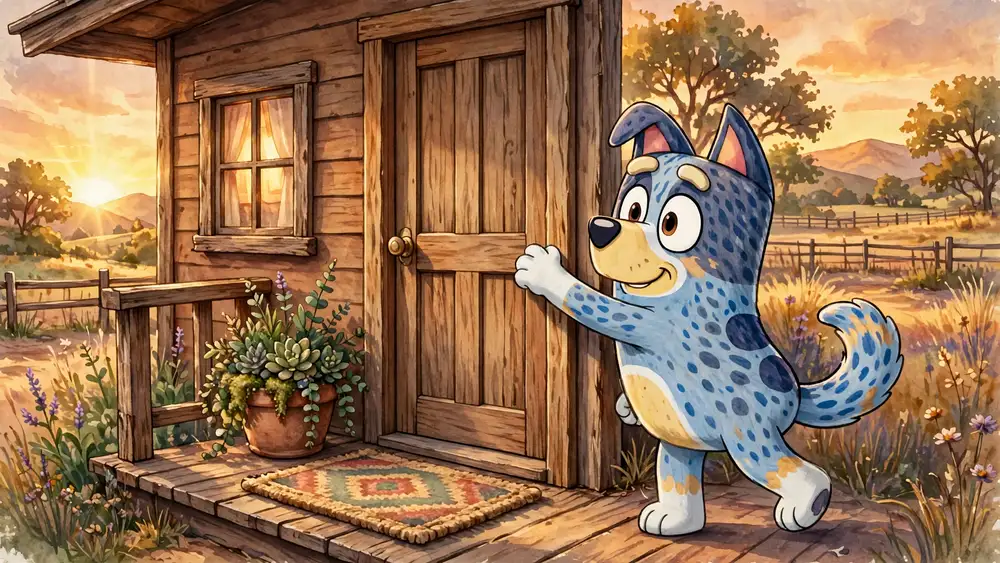 Cartoon blue heeler with a raised paw knocking at a ranch house door — knock-knock cattle dog jokes illustration