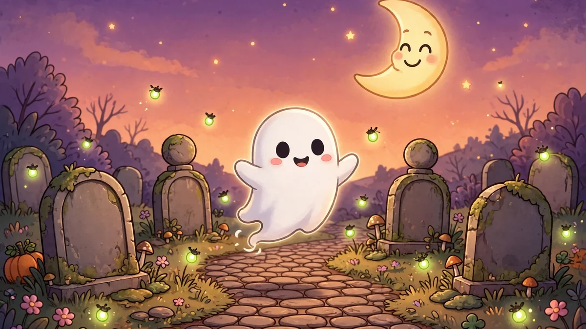 Playful cartoon graveyard at twilight with a smiling moon, cute friendly ghost and old tombstones — cemetery puns illustration