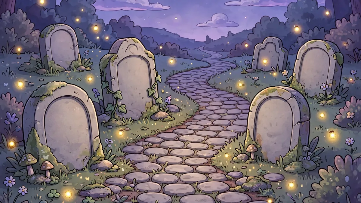 Cartoon tombstones with funny epitaphs in a friendly graveyard at dusk with fireflies — classic cemetery puns illustration