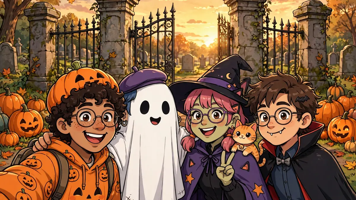 Friends in Halloween costumes taking a spooky photo by old cemetery gates at sunset — cemetery captions illustration