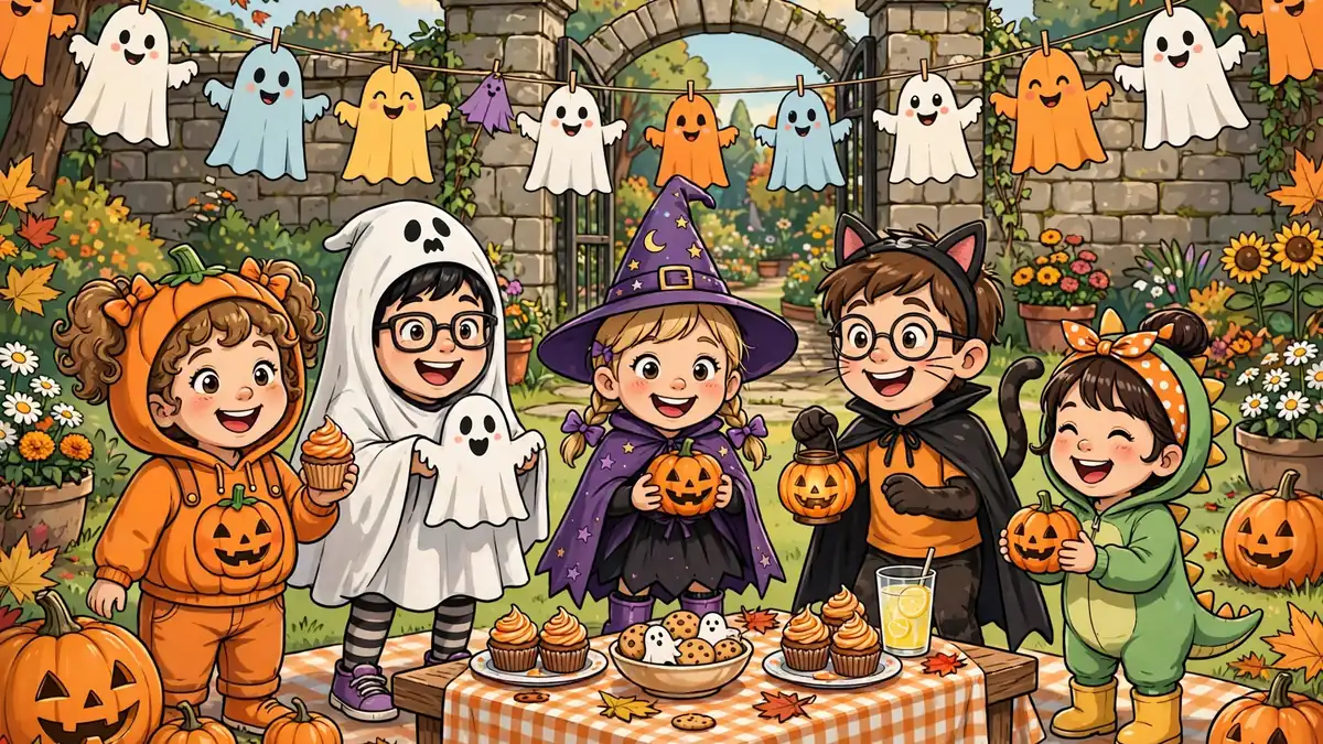 Kids in cute Halloween costumes at a daytime party with pumpkins near old stone gates — cemetery jokes for kids illustration